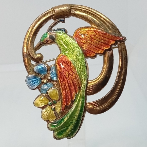 Jewelry - * vintage antique enamel over brass Bird of Paradise art deco pin brooch